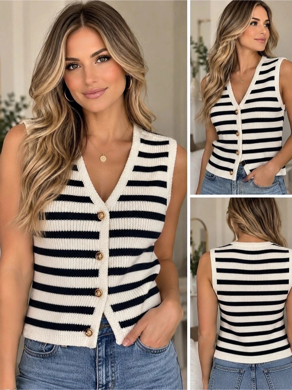French Connection Cotton Stripe Sweater Vest White & Black XS